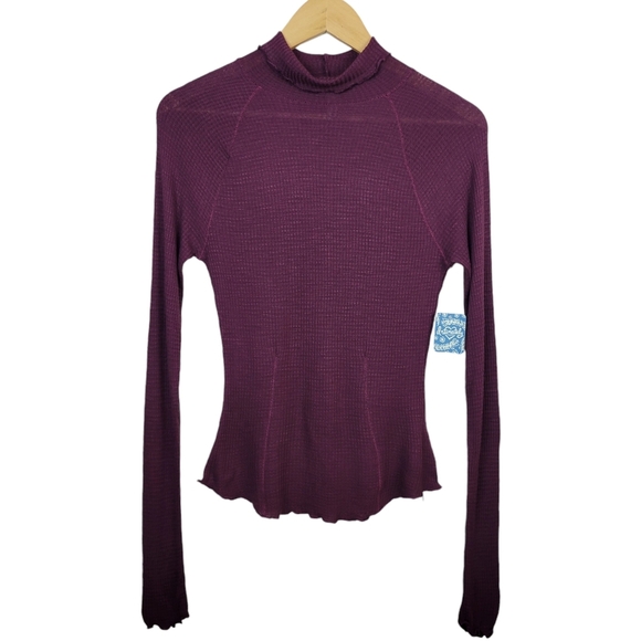 Free People Make It Easy Thermal Turtleneck Top XS Midnight Plum Lettuce Edge - Picture 5 of 12